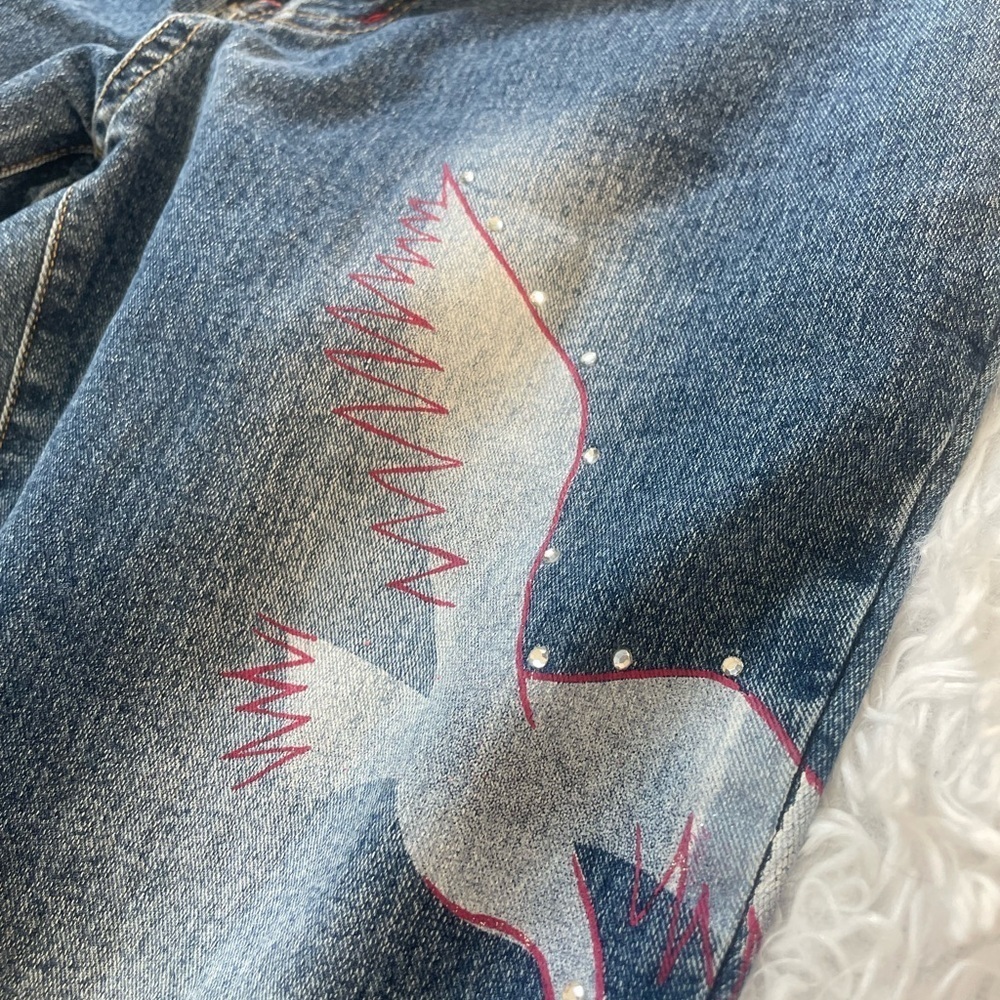 Y2K Flare Jeans Bird Graphic Studded Denim Low Rise Size 30 - Picture 3 of 8